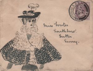 1897 envelope from Hampstead to Sutton, Surrey franked with 1d lilac, tied Hampstead double ring cds, with a hand illustration of a well dressed lady.