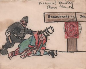 1912 envelope to Viscount Sudley at Broadstairs, franked 1d red, tied Sawbridgeworth double ring cds, showing coloured illustration of a man being apprehended by the police.