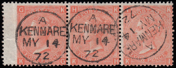 sg95 4d deep vermilion (KG-KI) Plate 12 strip with fine 1872 KENMORE cds