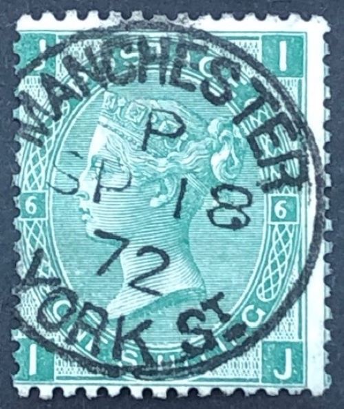 sg117 1s green (I-J) plate 6 with 1872 Manchester York Street cds