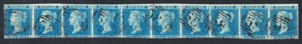 QV sg13 2d pale blue strip of 10 Plate 3 with Oakhampton 588 numerals