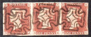 QV 1841 1d red-brown strip (BJ-BL) plate 24 with DUBLIN maltese crosses