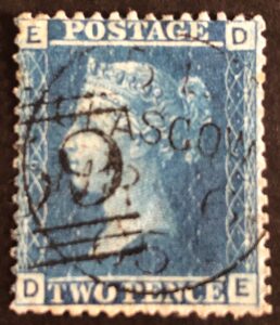 sg45 2d blue (D-E) plate 9 with 1865 Glasgow cds