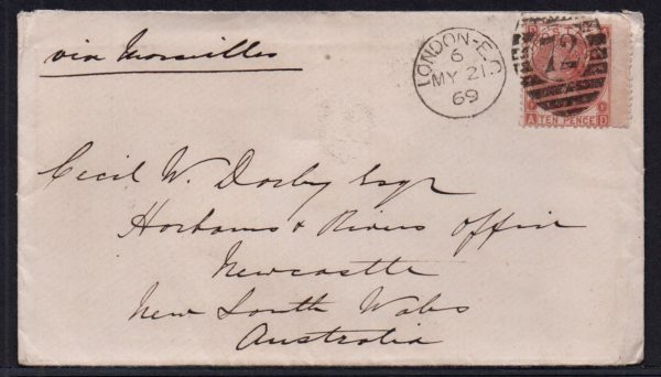 sg112 10d red-brown (A-D) plate 1 on 1869 cover to Australia