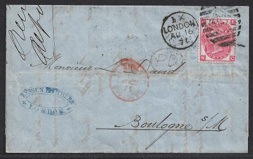 QV sg103 3d rose (N-C) plate 6 on 1871 wrapper to Boulogne