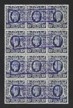 KGVI sg478 10s dark blue block with purple boxed Foreign Section G.P.O cancels