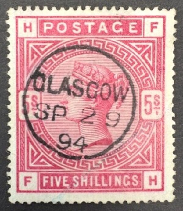 QV sg181 5/- crimsson (F-H) with fine 1884 Glasgow cds