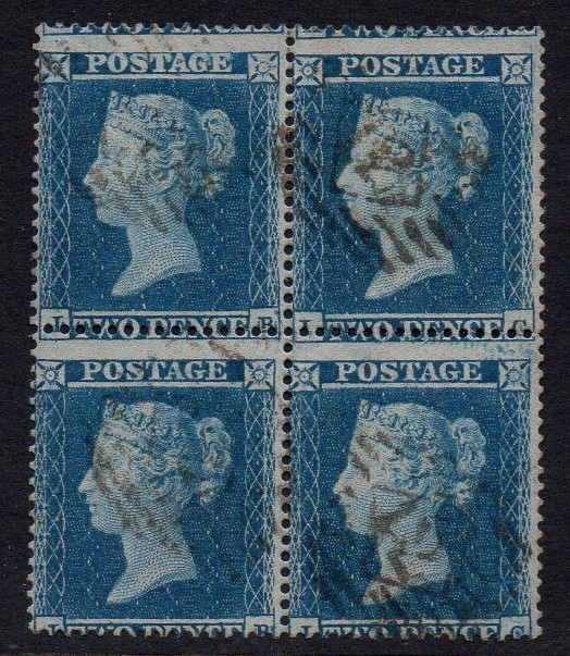 QV sg19 2d deep blue block (plate 4) with light London 12 numerals