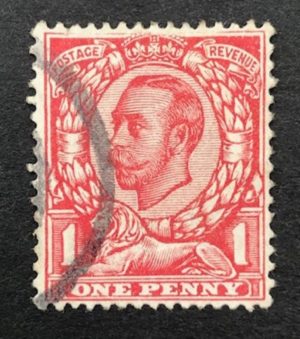 KGV sg345a (spec N12g) 1d scarlet with No cross on crown + Broken frame variety