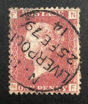 QV sg43 1d red (N-F) plate 199 with fine 1879 Liverpool cds