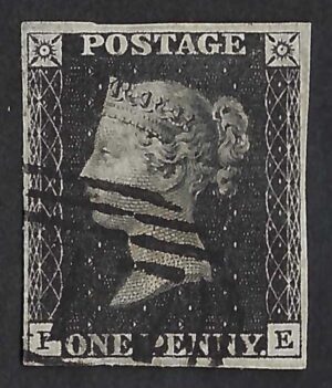 QV sg2 1d black (P-E) Plate 5 with 1844 numeral cancel and certificate