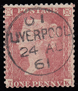 QV sg40 1d red (T-K) plate 55 with fine 1861 Liverpool cds