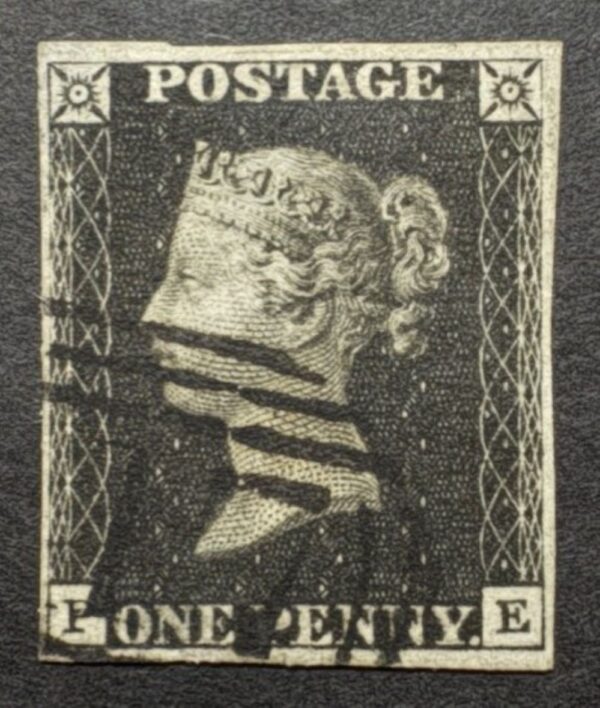 QV 1840 1d black (P-E) Plate 5 with 1844 numeral cancel and certificate