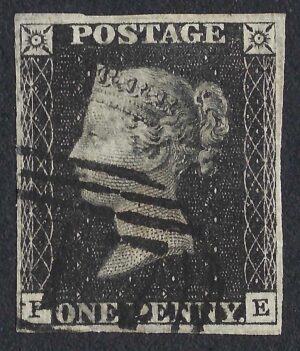 QV 1840 1d black (P-E) Plate 5 with 1844 numeral cancel and RPS certificate
