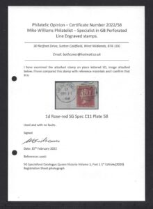 QV C11 sg36 1d rose-red (E-D) plate 58 with Cert - Cat £400