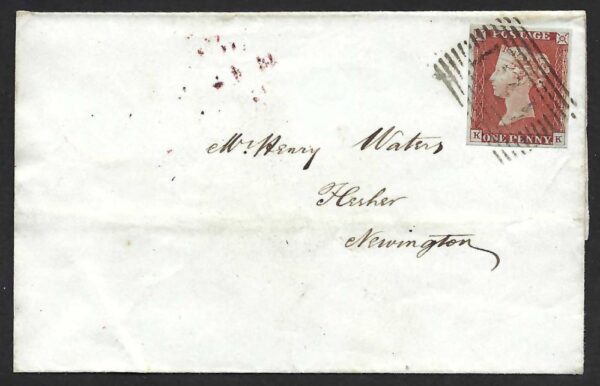 QV sg8 1d red (K-K) plate 50 on 1846 part cover to Newington