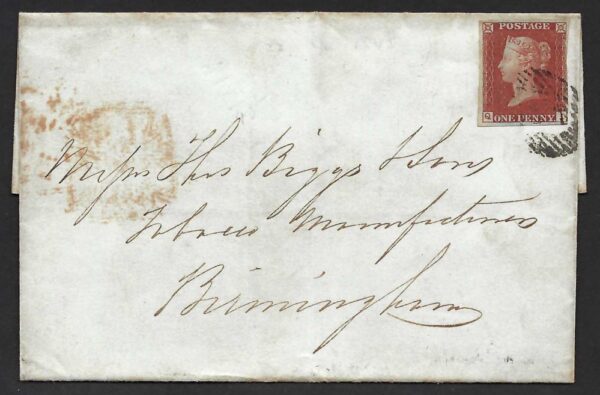 QV sg8 1d red (Q-I) plate 51 on 1845 London to Birmingham wrapper
