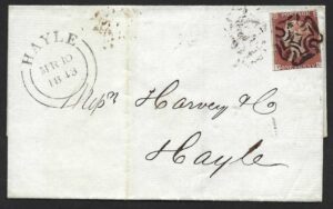 QV sg8 1d red (P-C) plate 28 on 1843 cover to Hayle