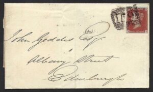 QV sg8 1d red (A-I) plate 55 on 1845 cover to Edinburgh