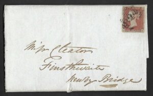 QV sg8 1d red (J-J) plate 86 on 1849 entire from Ulverstone to Newby Bridge