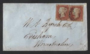 QV sg8 1d red pair (PA-PB) plate 87 on 1850 cover from London to Evesham