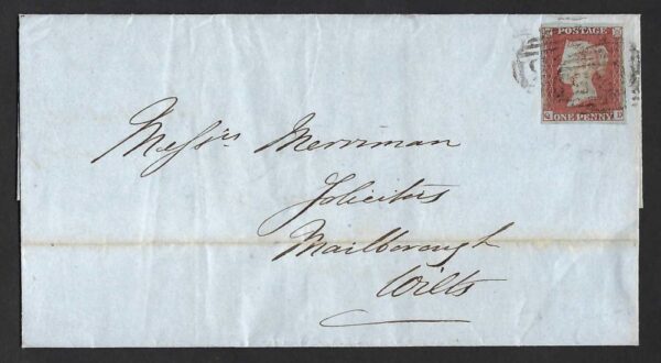 QV sg8 1d red (Q-D) plate 89 on 1849 wrapper to Marlborough