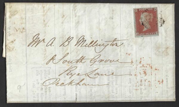QV sg8 1d red (N-D) plate 92 on 1849 cover to Peckham
