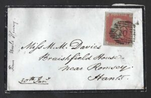QV sg8 1d red (L-J) plate 94 on mourning cover to Romsey