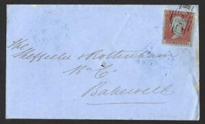 QV sg8 1d red (J-L) plate 105 on 1852 Sheffield to Bakewell cover