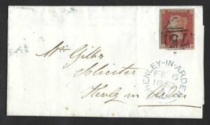 QV sg8 1d red (I-B) plate 96 on 1852 entire, Birmingham to Henly-in-Arden
