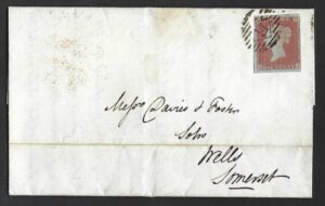 QV sg8 1d red (0-J) plate 120 on 1851 London to Wells entire