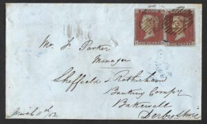 QV sg8 1d red pair (TG + SF) plate 126 on 1852 cover to Bakewell