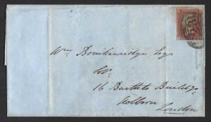 QV sg8 1d red (T-I) plate 129 on 1852 Southampton to London wrapper