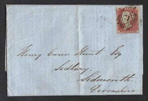 QV sg8 1d red (M-I) plate 98 showing constant variety in NE square on 1851 cover to Sidmouth