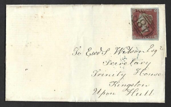 QV sg8 1d red (D-D) plate 100 on 1851 wrapper to Kingston upon Hull