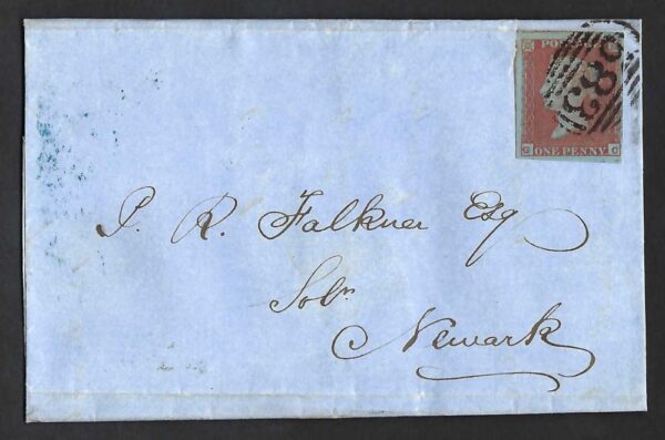 QV sg8 1d red (G-C) plate 99 on 1851 wrapper to Newark