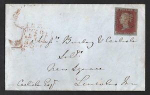 QV sg8 1d red (J-I) plate 129 on 1852 cover to Lincoln Inn
