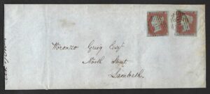 QV sg8 1d red (IK & JD) plate 115 on 1851 wrapper to Lambeth