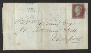 QV sg8 1d red (K-L) plate 112 on 1851 Boston to Liverpool entire
