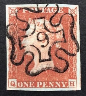 QV sg8m 1d red-brown (Q-H) plate 27 with #9 in maltese cross