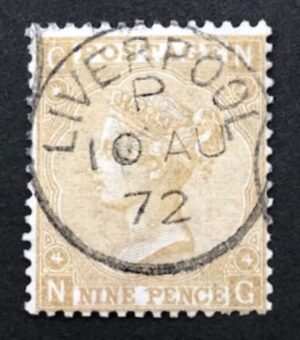QV sg110 9d straw (N-G) with fine 1872 Liverpool cds
