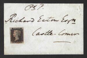 QV sg2 1d black (P-D) plate 6 on 1841 past wrapper from Kilkenny to Castlecomer