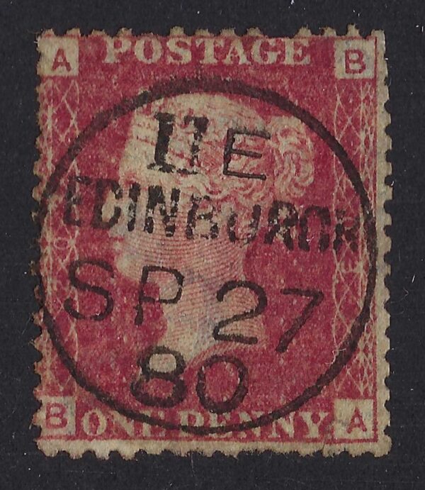 QV sg43 1d red (B-A) plate 203 with fine 1880 Edinburgh cds