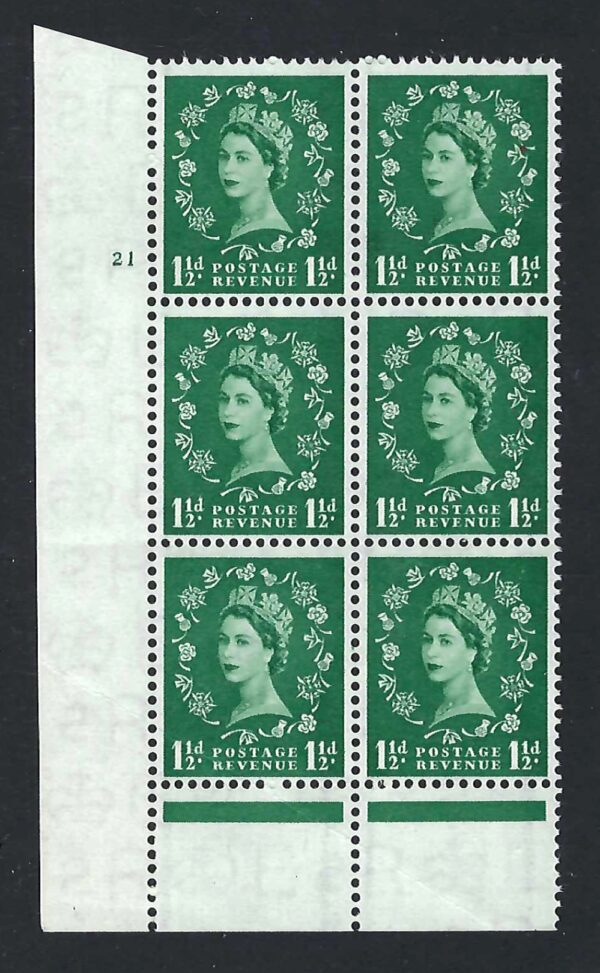 QEII 1957 sg563 1½d green Graphite-lined Cyl 21 No Dot Perf B(1/P) - U/M