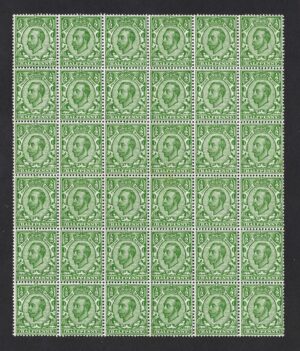 KGV sg340 ½d yellow-green block of 36 – unmounted mint