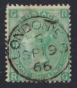 QV sg101 1/- green (R-G) plate 4 with fine London 1866 cds