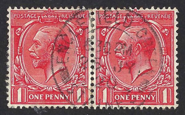 KGV sg361 1d scarlet-vermilion pair Spec N16(14) with 1920 Englefield Green cds