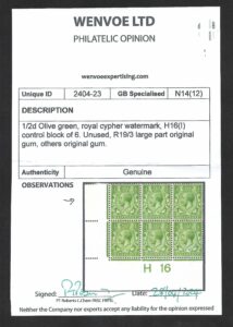 KGV ½d Olive-green Spec N14(12) mint with cert