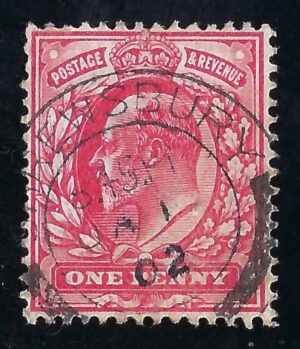 KEVII sg219 1d scarlet used on Jan 1st 1902 (first day of issue)