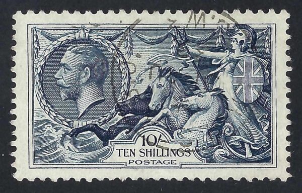 KGV sg452 10/- indigo seahorse - fine used